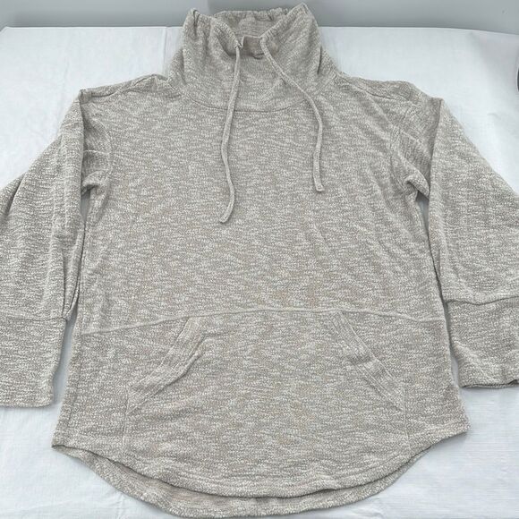 Prana Top W Medium Tan White Pullover Drawstring Cowl Neck Sweatshirt Lightweigt - Picture 1 of 9